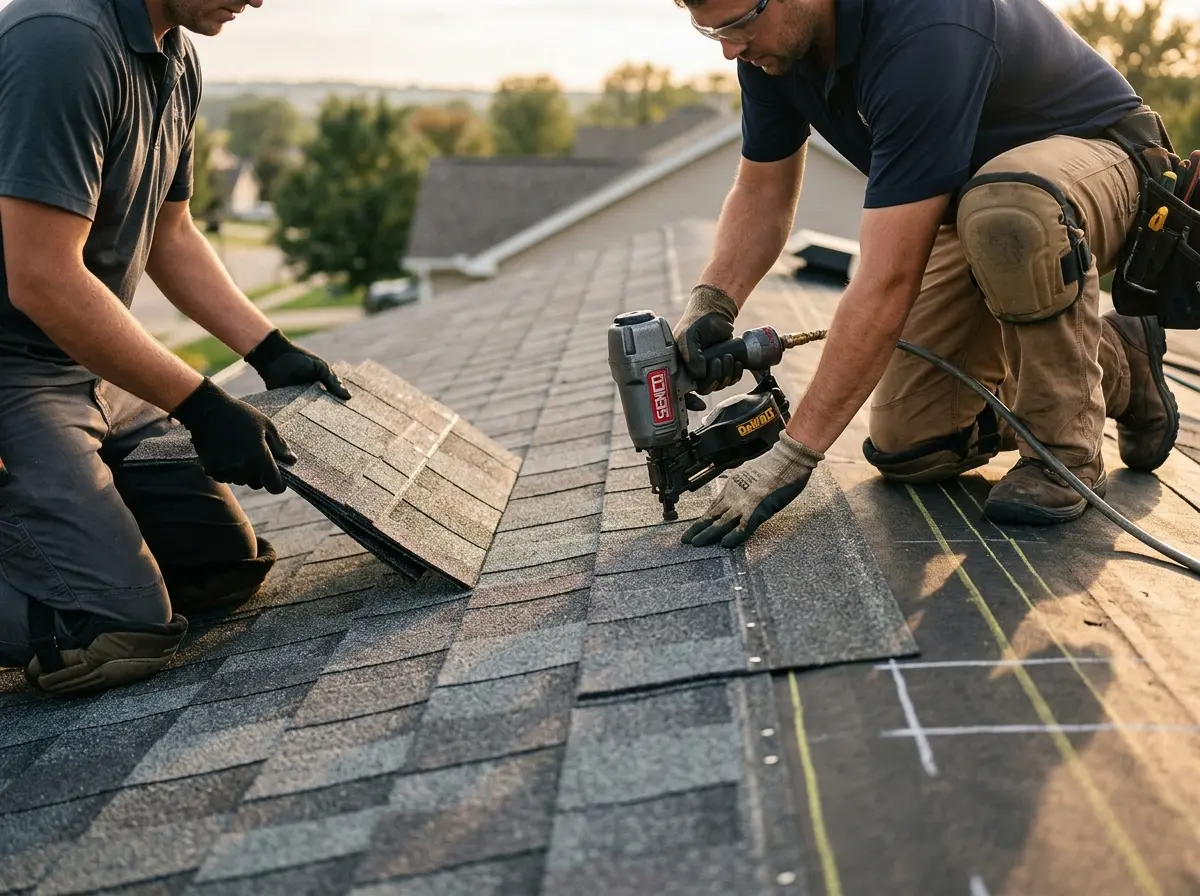 Professional roofer working on a residential roof in Bemiss